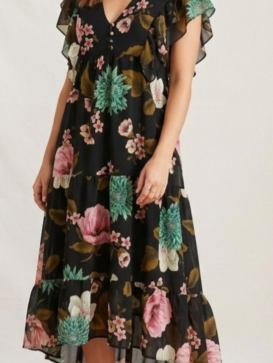 Zara Dresses & Skirts - ZARA Black Tropical Floral Ruffle Tiered Maxi Dress Sz XS/S Boho Romantic